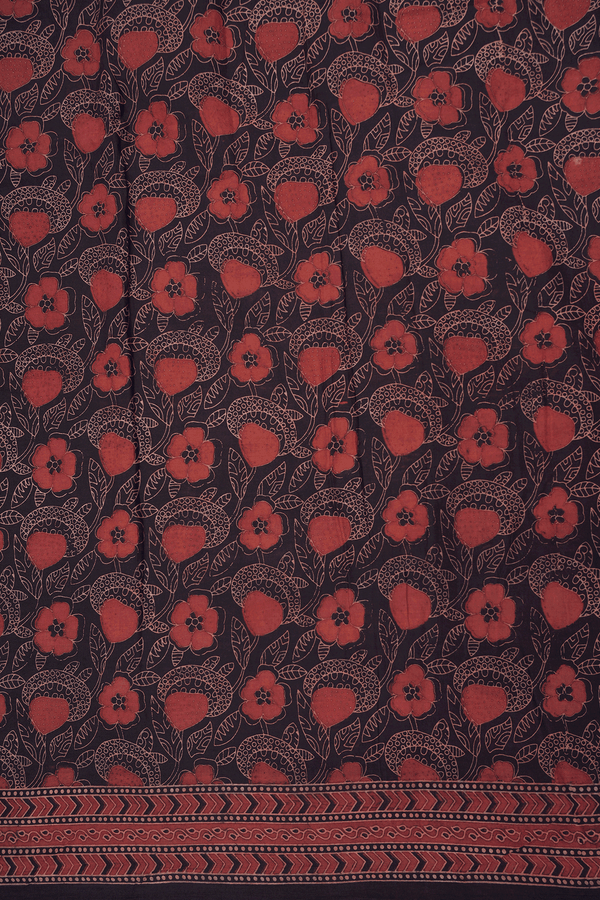 Allover Floral Design Black Ajrakh Printed Cotton Saree