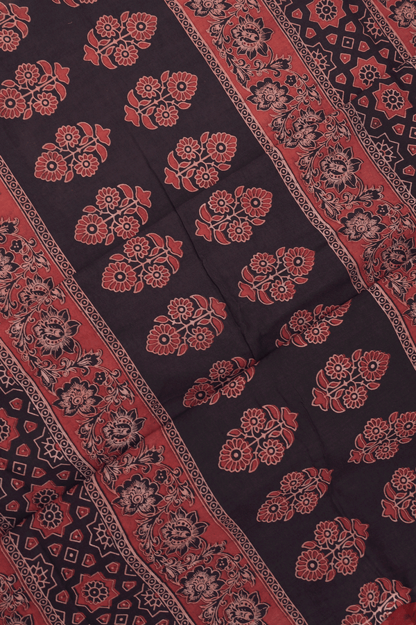 Allover Floral Design Black Ajrakh Printed Cotton Saree