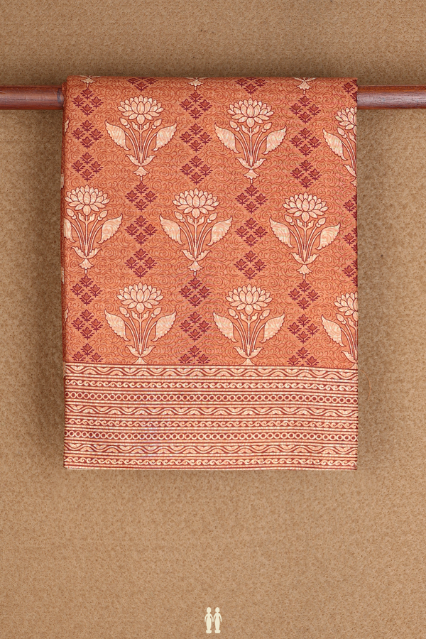 Allover Floral Design Brick Brown Printed Silk Saree