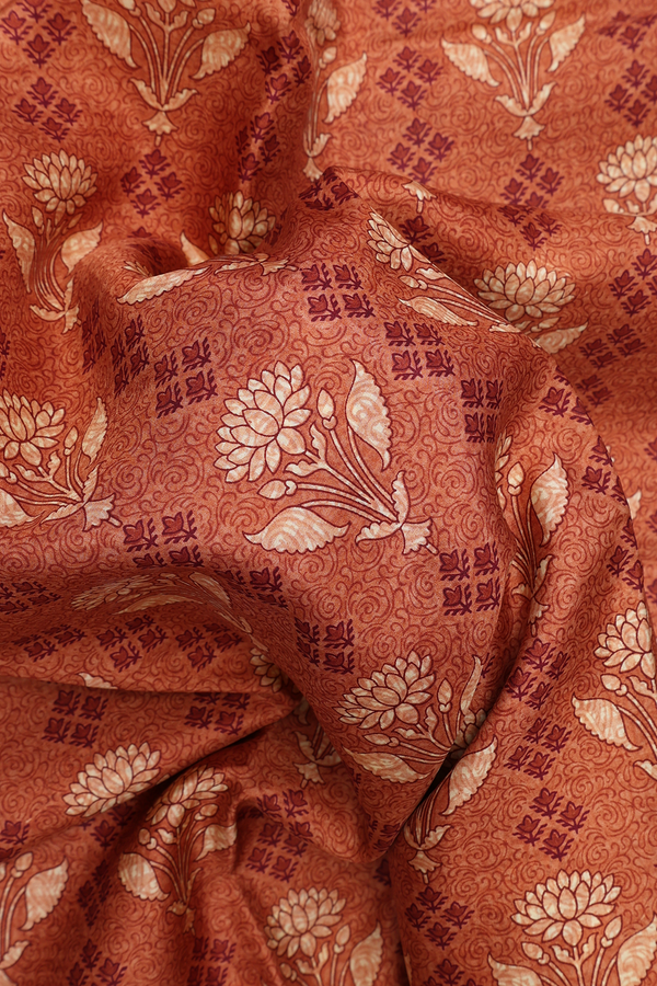 Allover Floral Design Brick Brown Printed Silk Saree
