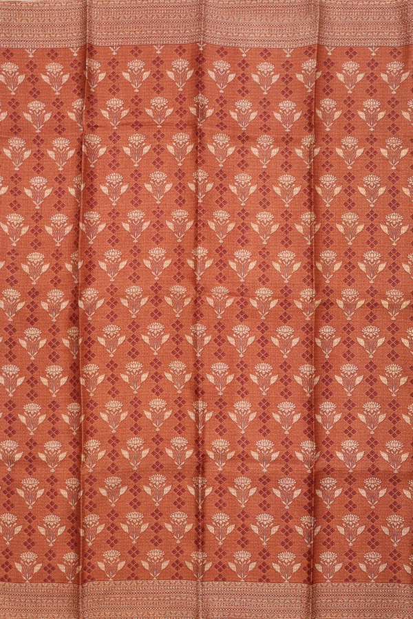 Allover Floral Design Brick Brown Printed Silk Saree