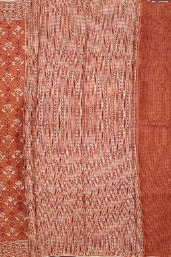 Allover Floral Design Brick Brown Printed Silk Saree