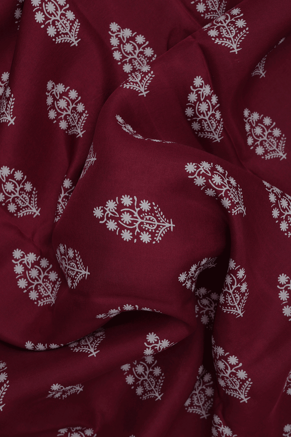 Allover Floral Design Burgundy Red Printed Silk Saree