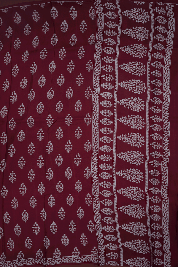 Allover Floral Design Burgundy Red Printed Silk Saree