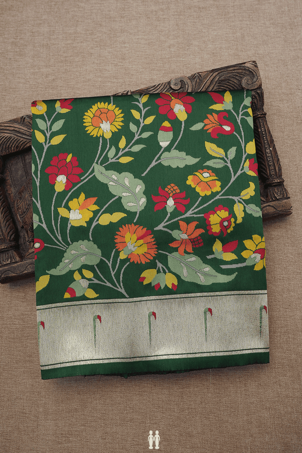 Allover Floral Design Dark Green Semi Banarasi Silk Saree