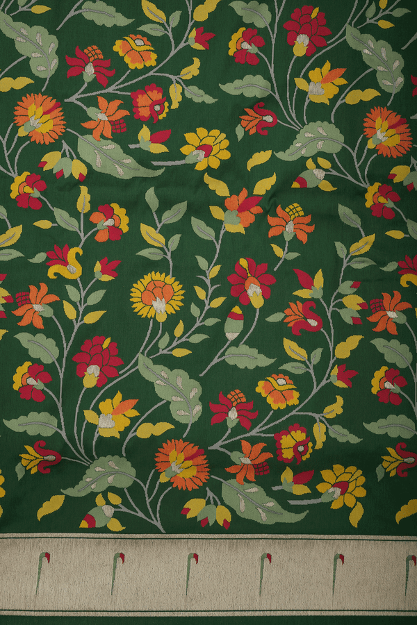 Allover Floral Design Dark Green Semi Banarasi Silk Saree