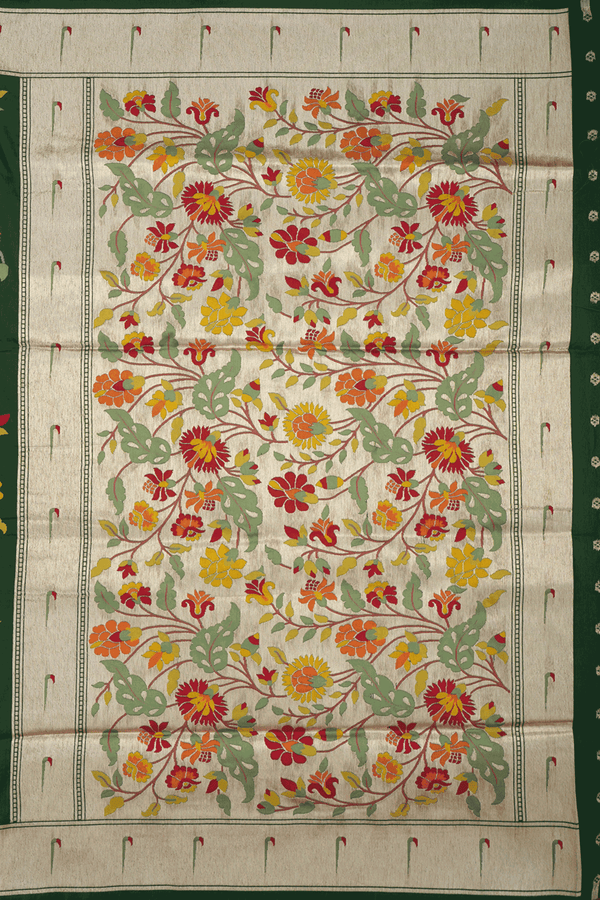 Allover Floral Design Dark Green Semi Banarasi Silk Saree