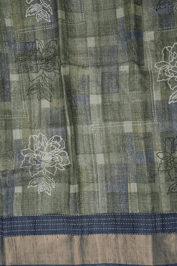 Allover Floral Design Green Tussar Silk Saree