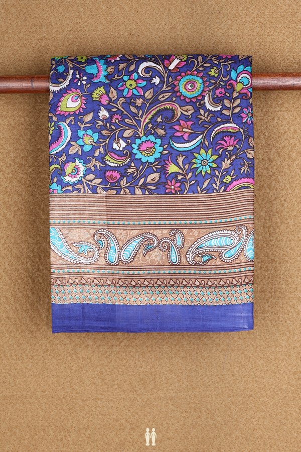 Allover Floral Design Navy Blue Printed Silk Saree