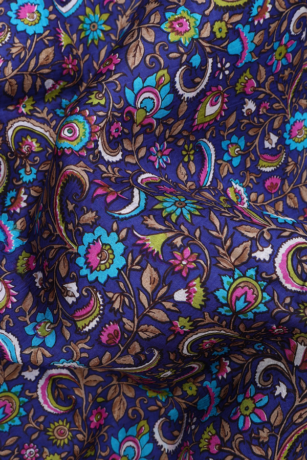 Allover Floral Design Navy Blue Printed Silk Saree