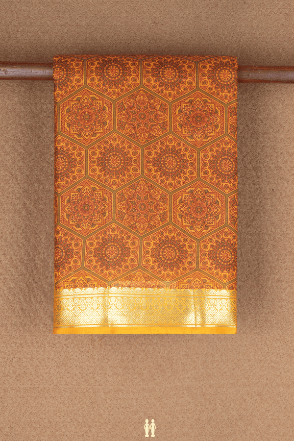 Allover Floral Design Ochre Orange Printed Silk Saree