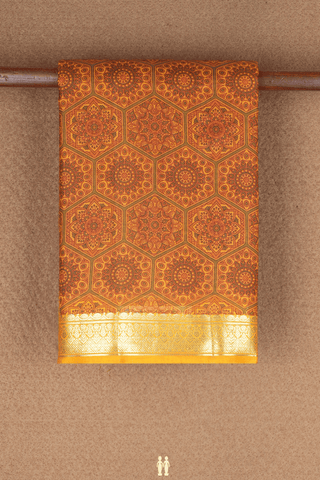 Allover Floral Design Ochre Orange Printed Silk Saree