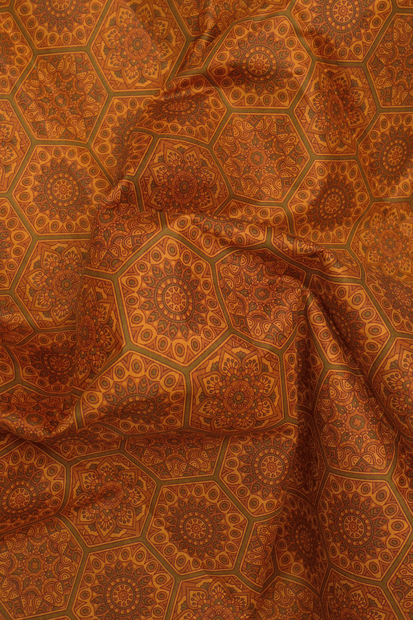 Allover Floral Design Ochre Orange Printed Silk Saree
