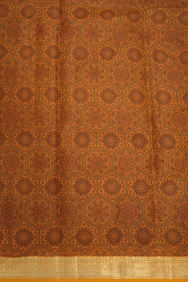Allover Floral Design Ochre Orange Printed Silk Saree
