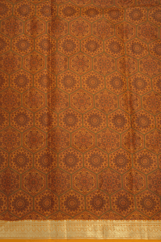 Allover Floral Design Ochre Orange Printed Silk Saree