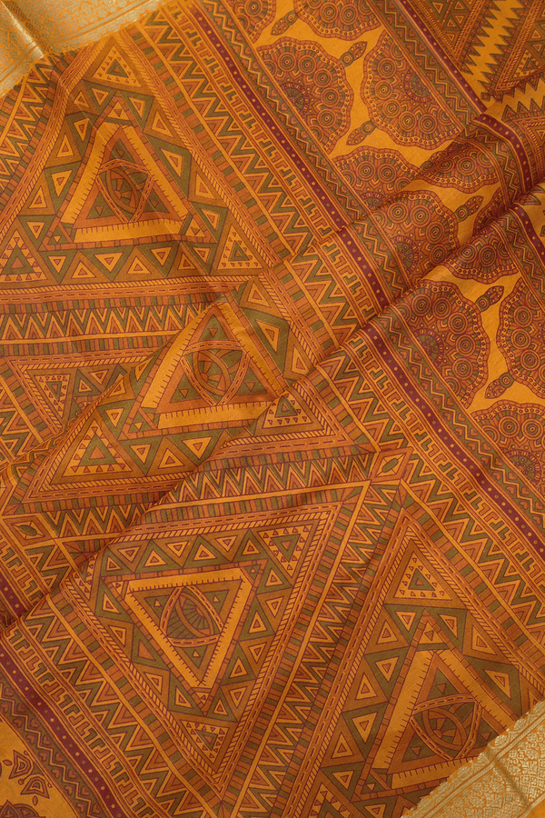 Allover Floral Design Ochre Orange Printed Silk Saree