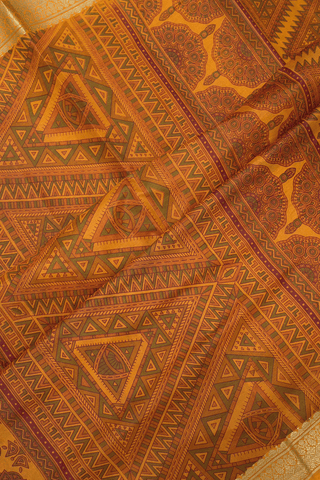 Allover Floral Design Ochre Orange Printed Silk Saree