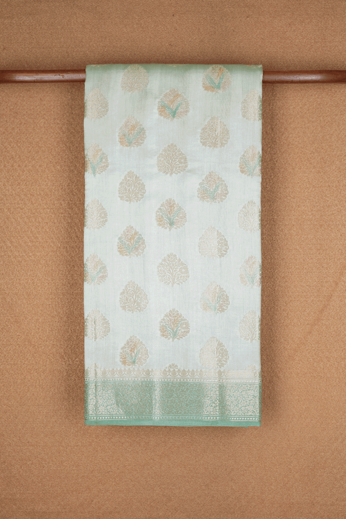 Allover Floral Motifs Green Beige Tussar Silk Saree