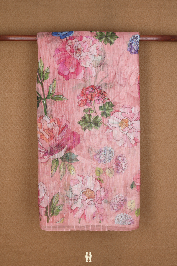 Allover Floral Printed Baby Pink Organza Silk Saree