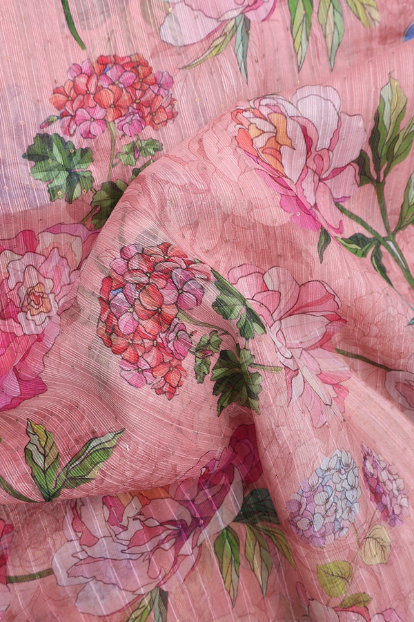 Allover Floral Printed Baby Pink Organza Silk Saree