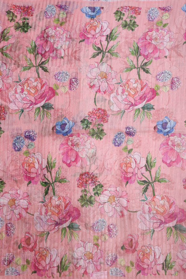 Allover Floral Printed Baby Pink Organza Silk Saree