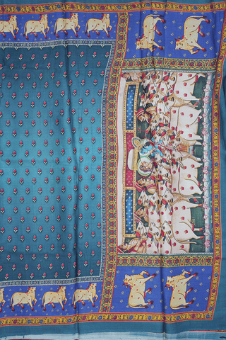 Allover Floral Printed Blue Tussar Silk Saree