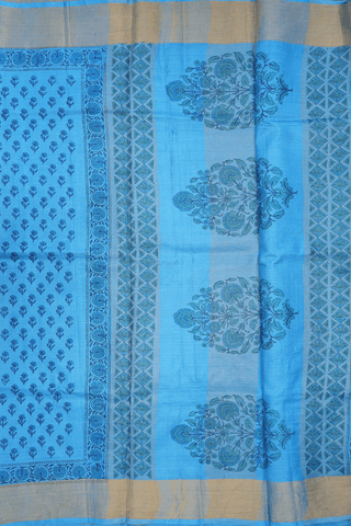 Allover Floral Printed Buttis Deep Sky Blue Tussar Silk Saree