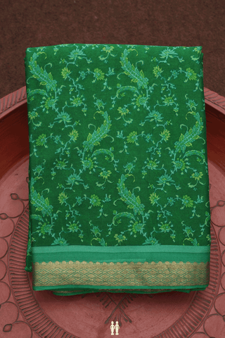 Allover Floral Printed Design Bold Green Crepe Saree