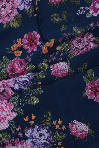 Allover Floral Printed Design Navy Blue Crepe Saree