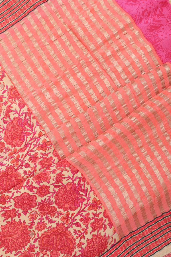Allover Floral Printed Light Tan Printed Silk Saree
