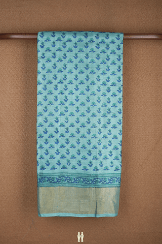 Allover Floral Printed Motifs Dusty Green Tussar Silk Saree