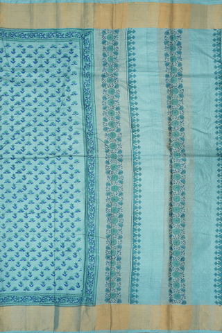 Allover Floral Printed Motifs Dusty Green Tussar Silk Saree