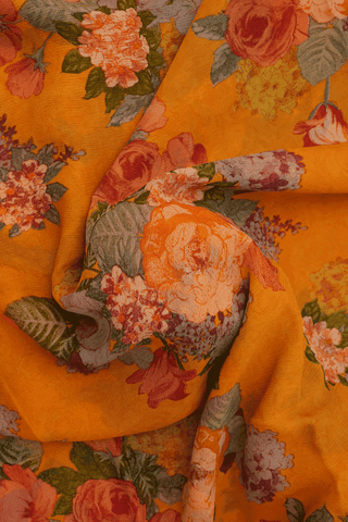 Allover Floral Printed Orange Chiffon Saree