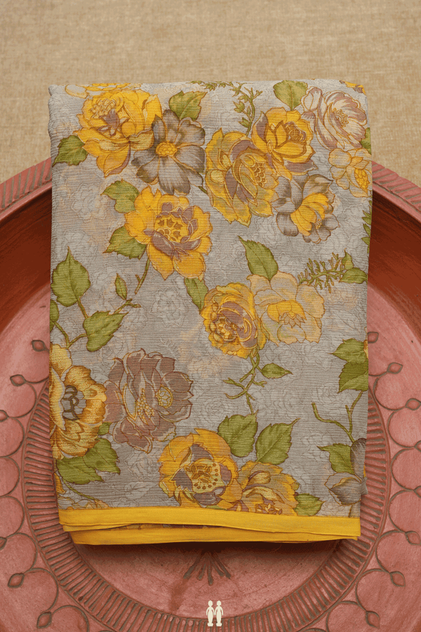 Allover Floral Printed Sage Green Chiffon Saree