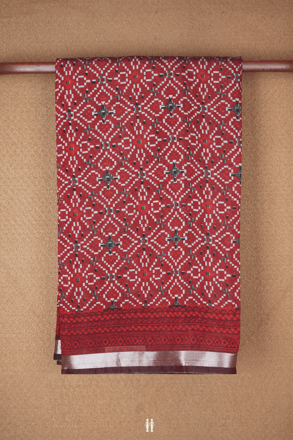 Allover Geometric Design Rust Red Chanderi Cotton Saree