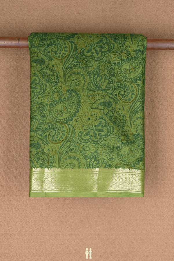 Allover Paisley Design Fern Green Printed Silk Saree