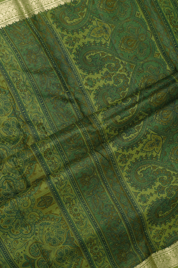 Allover Paisley Design Fern Green Printed Silk Saree