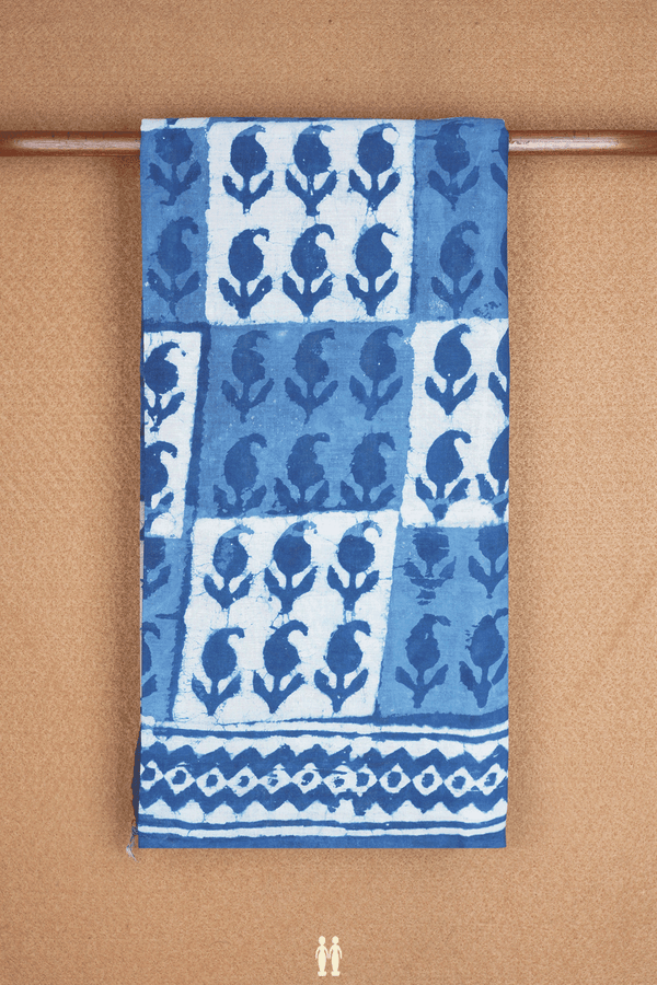 Allover Paisley Printed Blue And White Jaipur Cotton Saree