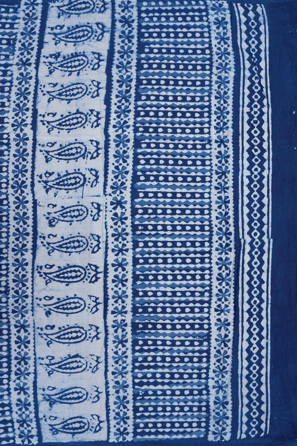Allover Paisley Printed Blue And White Jaipur Cotton Saree