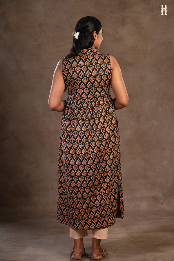 Allover Printed Design Black Cotton Long Kurta