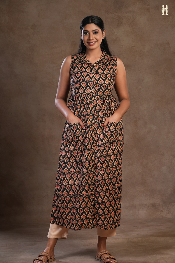 Allover Printed Design Black Cotton Long Kurta