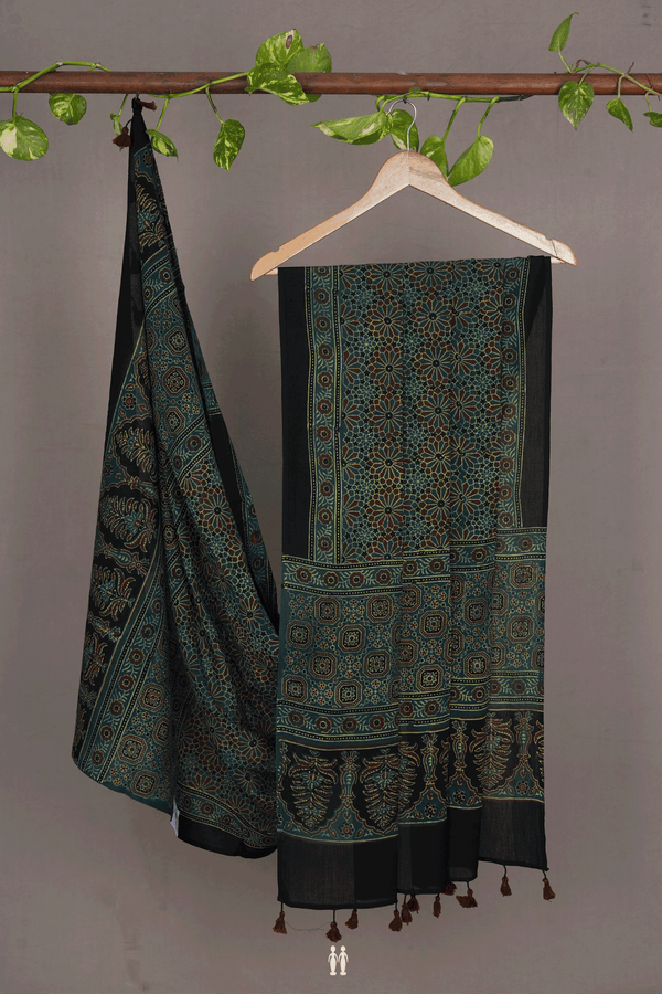 Allover Printed Design Cretan Green Ajrakh Cotton Dupatta
