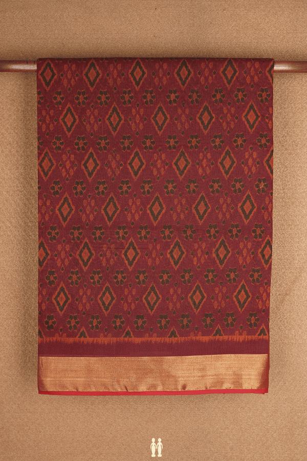 Allover Printed Design Rust Red Chanderi Cotton Saree