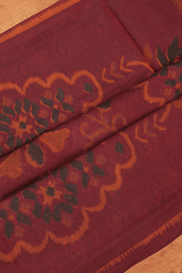 Allover Printed Design Rust Red Chanderi Cotton Saree