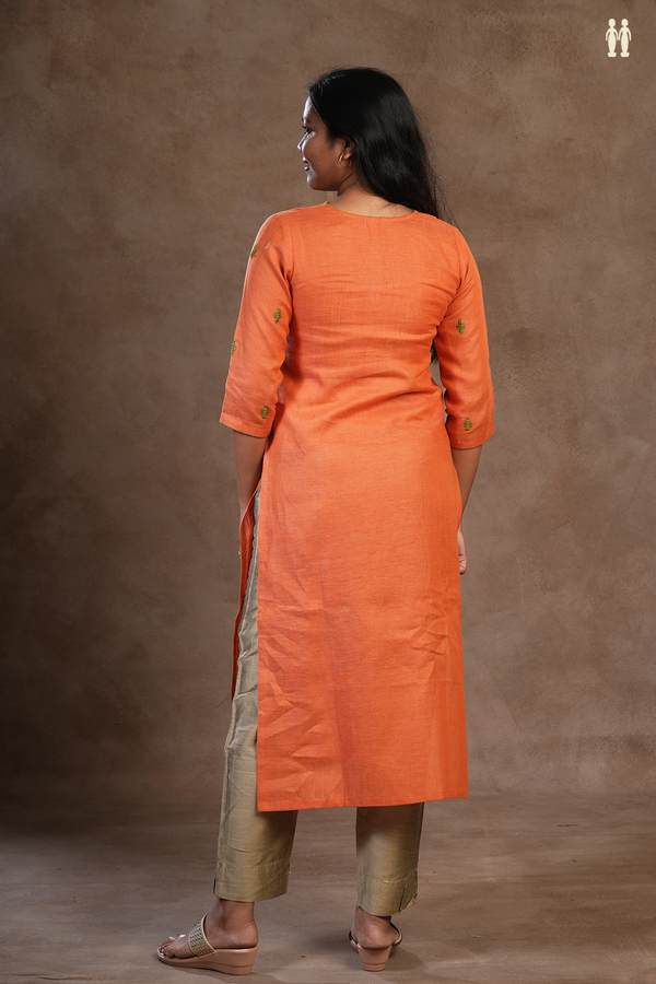 Allover Threadwork Buttas Orange Linen Long Kurta