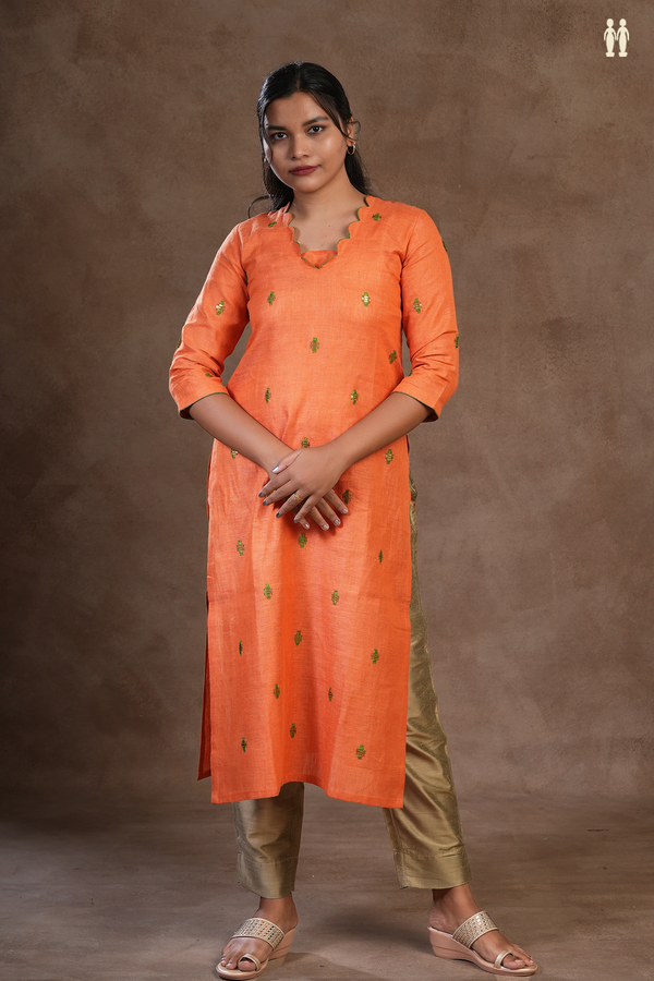 Allover Threadwork Buttas Orange Linen Long Kurta