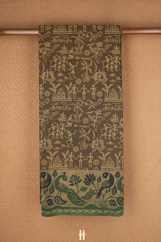 Allover Warli Printed Olive Brown Ahmedabad Cotton Saree
