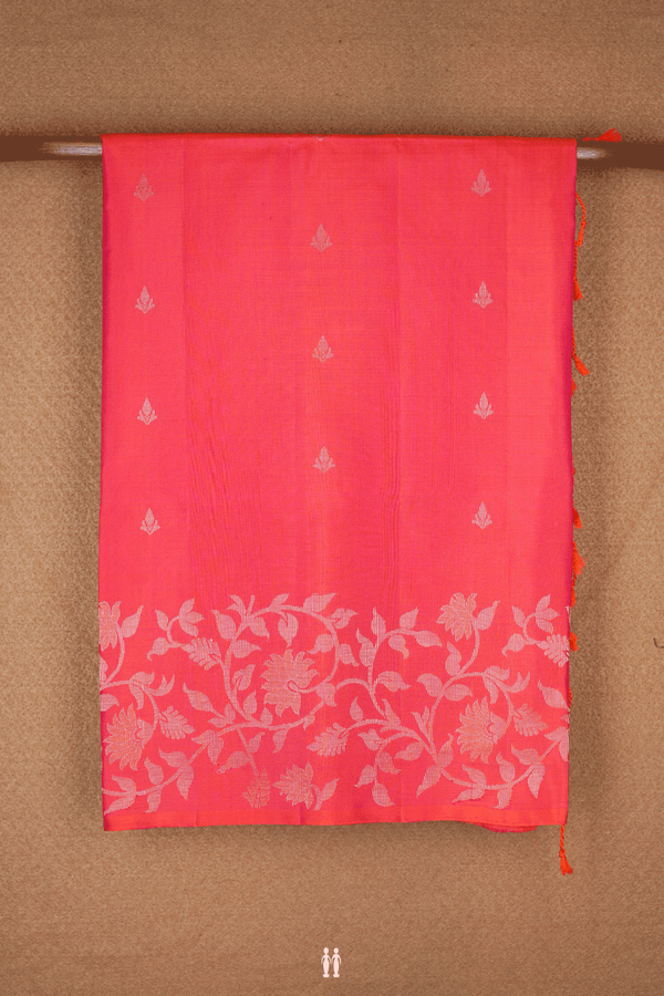 Allover Zari Buttis Coral Red Soft Silk Saree