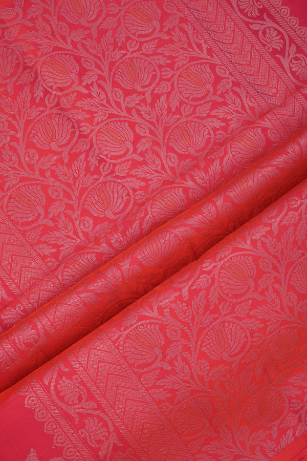 Allover Zari Buttis Coral Red Soft Silk Saree
