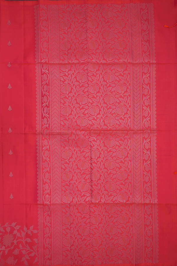 Allover Zari Buttis Coral Red Soft Silk Saree